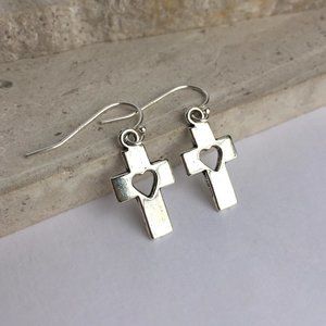 Sterling Silver Cross w/ heart cut out Earrings